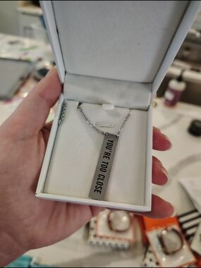 Unisex "YOU'RE TOO CLOSE" Stainless Steel Bar Necklace in Silver/Gunmetal